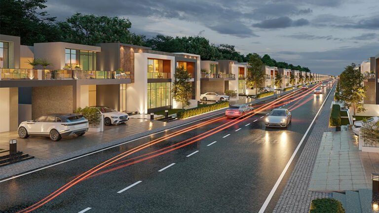 A view of a modern town in the rain