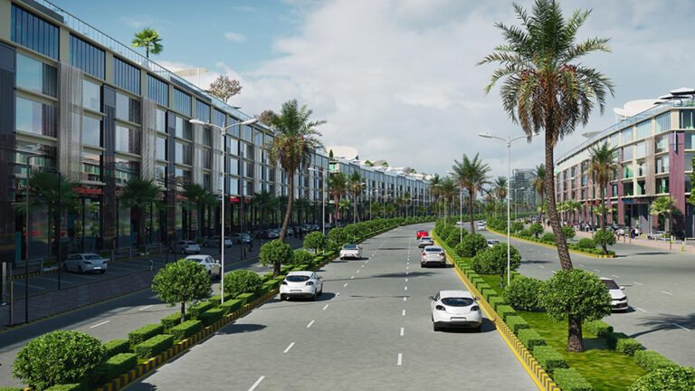 A busy road with several shops