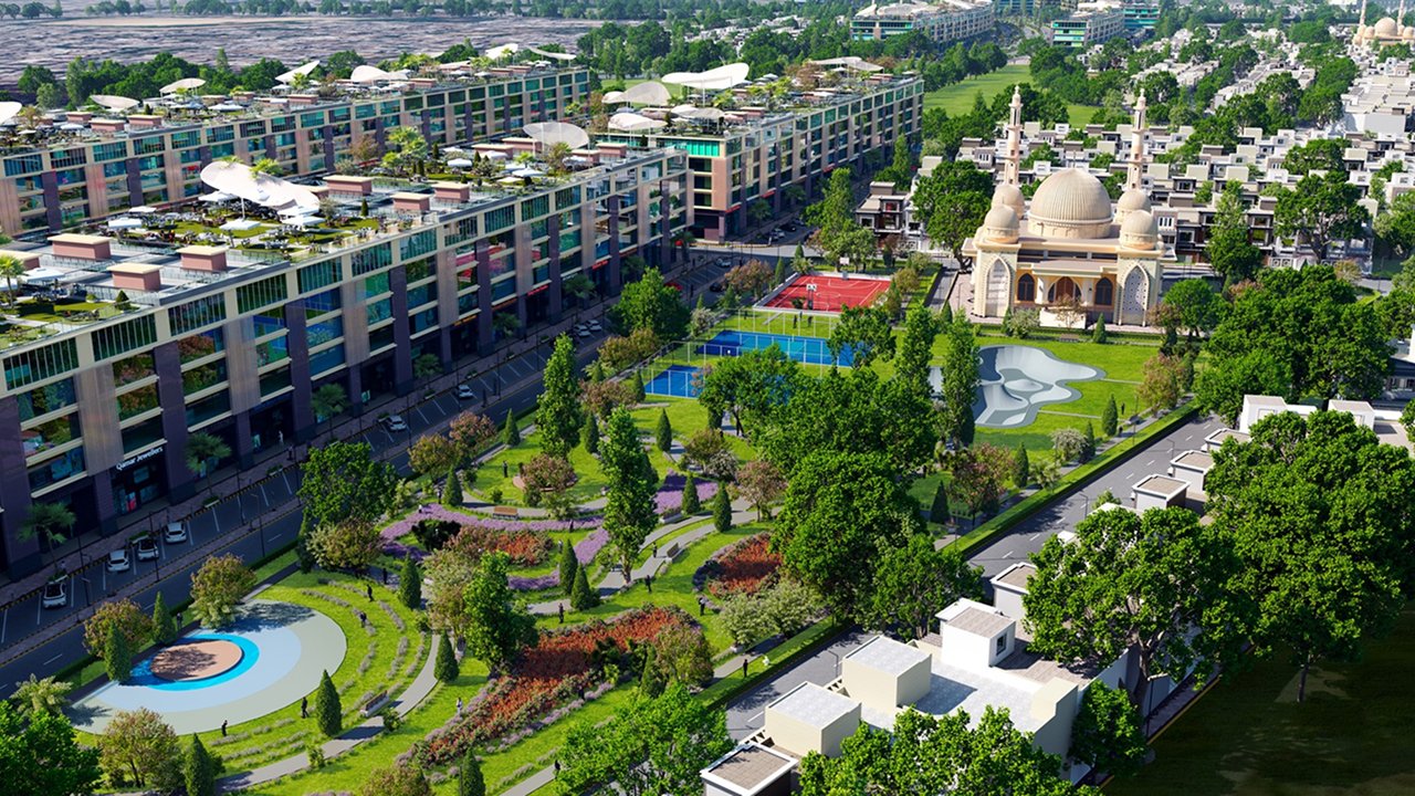 Apartments, mosque, playground, and green park in a society