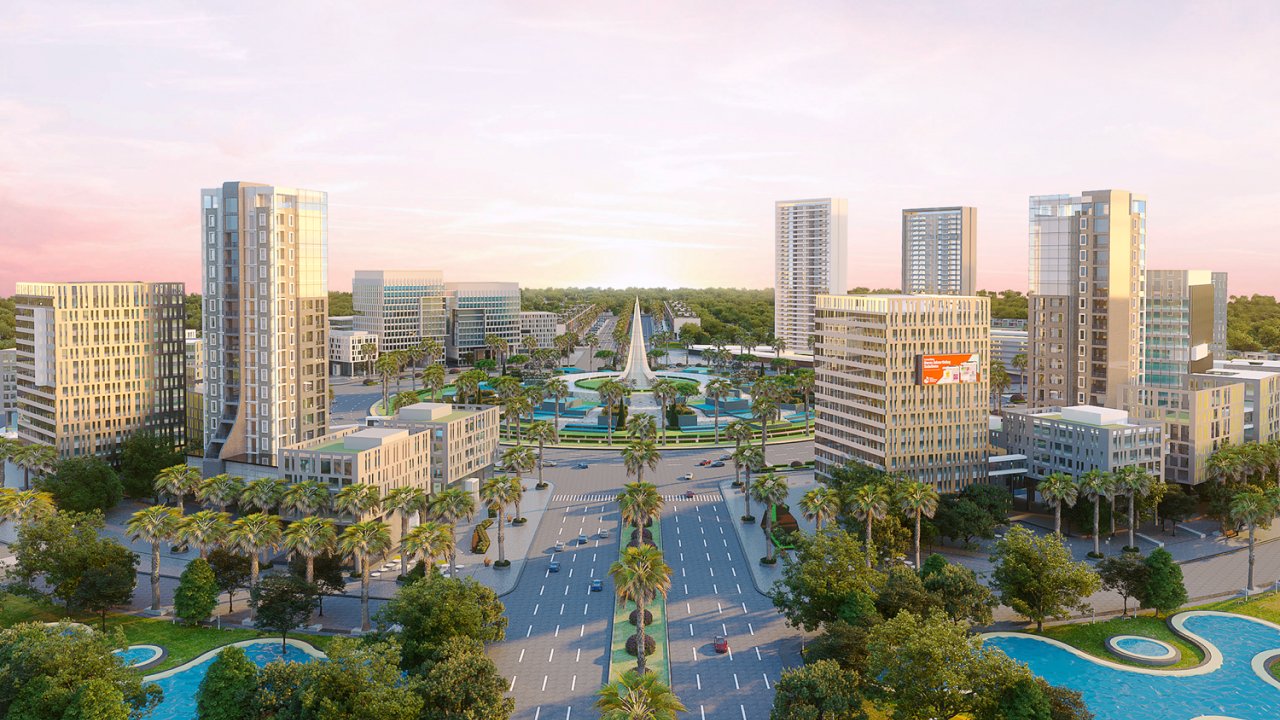 Modern city center with tall buildings